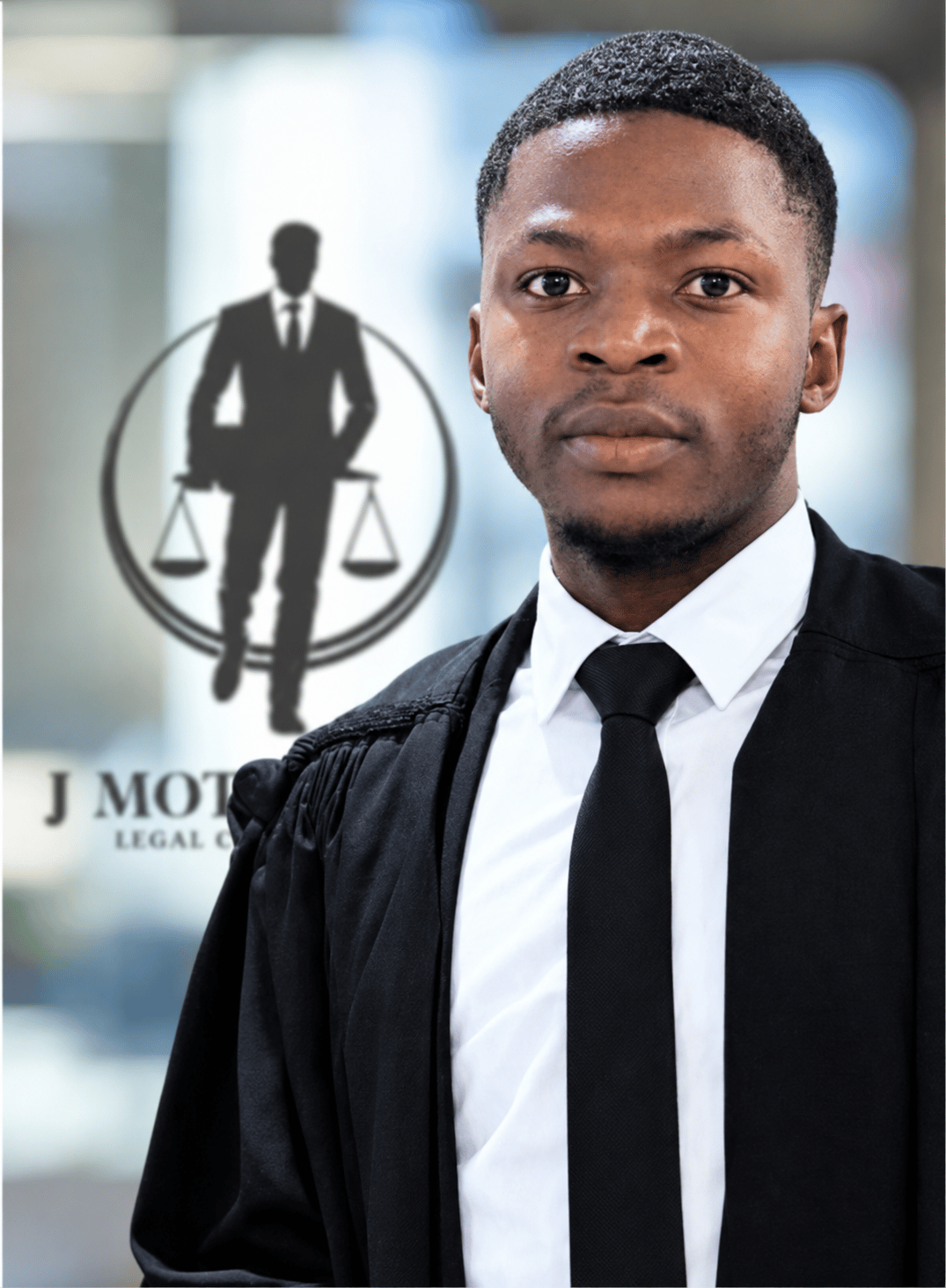 Johannes Motseo in legal robes in front of the firm's logo